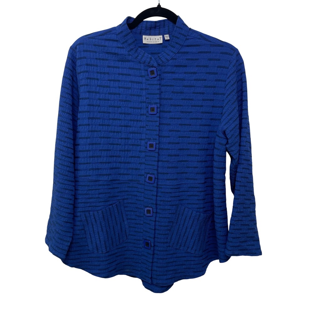 Habitat Royal Blue Textured Gauze Mock Neck Button Front Jacket Top S Minimalist
